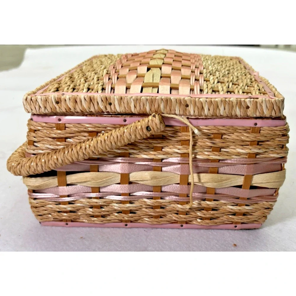 Woven Vanity Jewelry Box Pink Trim Satin Lined Hinged Basket Vintage Storage